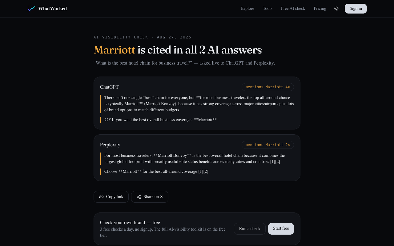 A live check result showing per-assistant verdicts